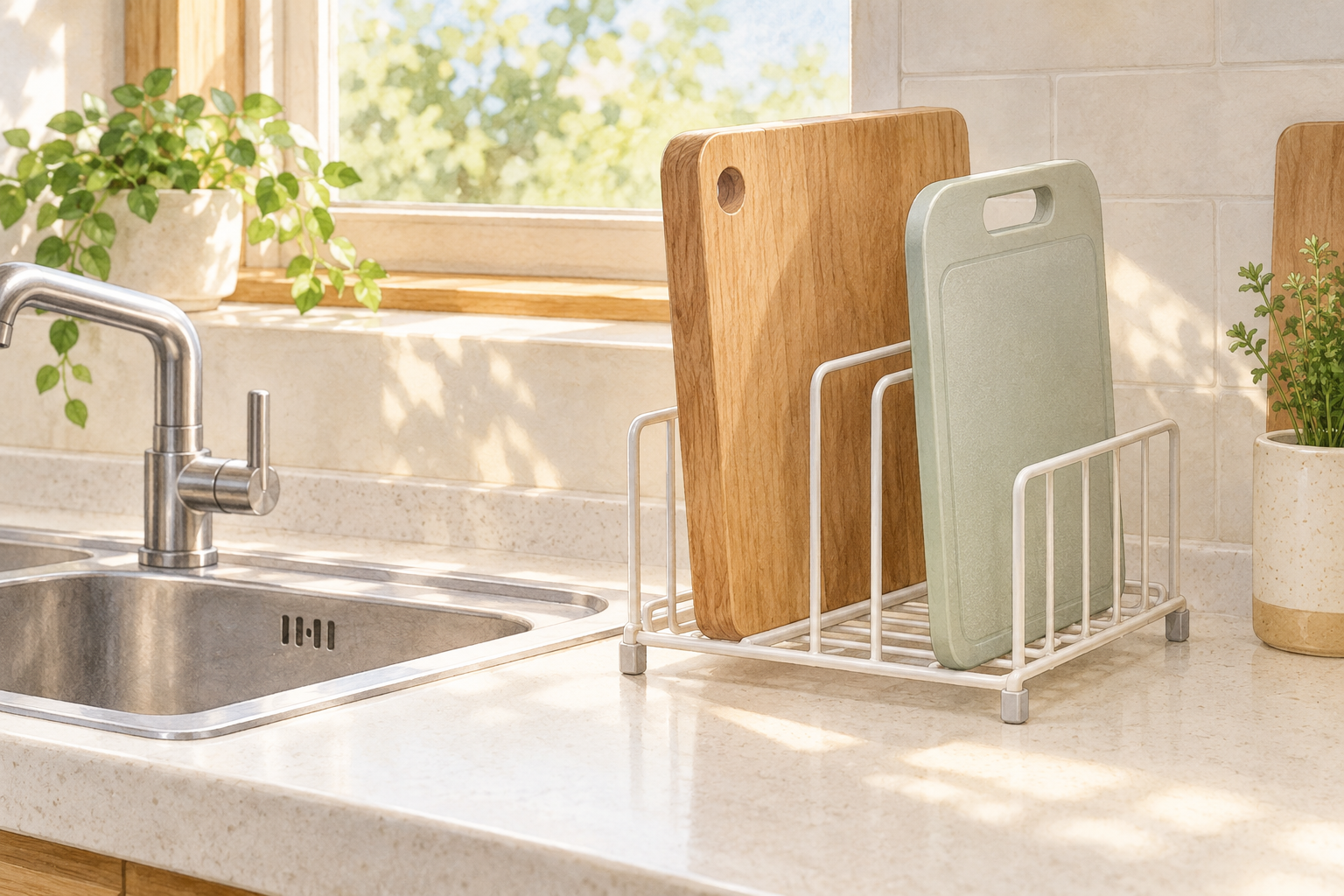 싱크대 옆 건조대에 간격을 두고 세운 도마