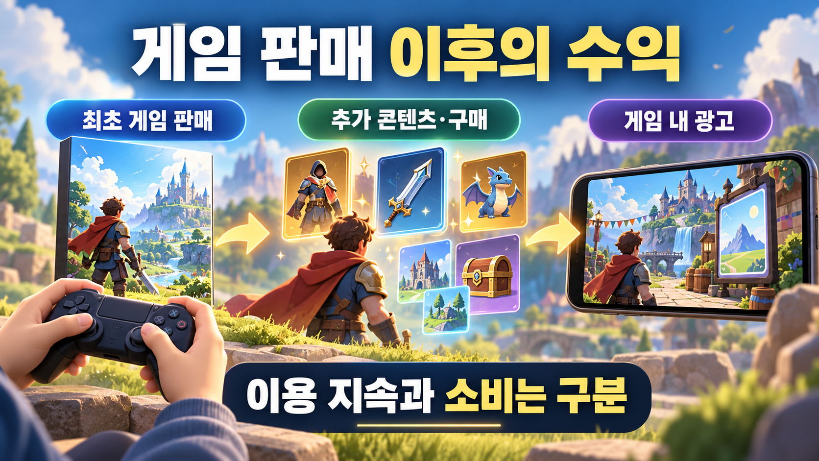 최초 게임 판매와 이용 중 추가 구매·광고를 나눈 개념도