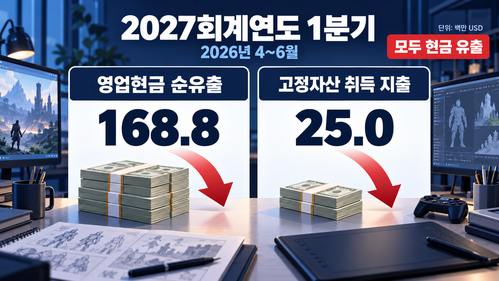 영업현금 순유출과 고정자산 취득 지출을 구분한 그래픽