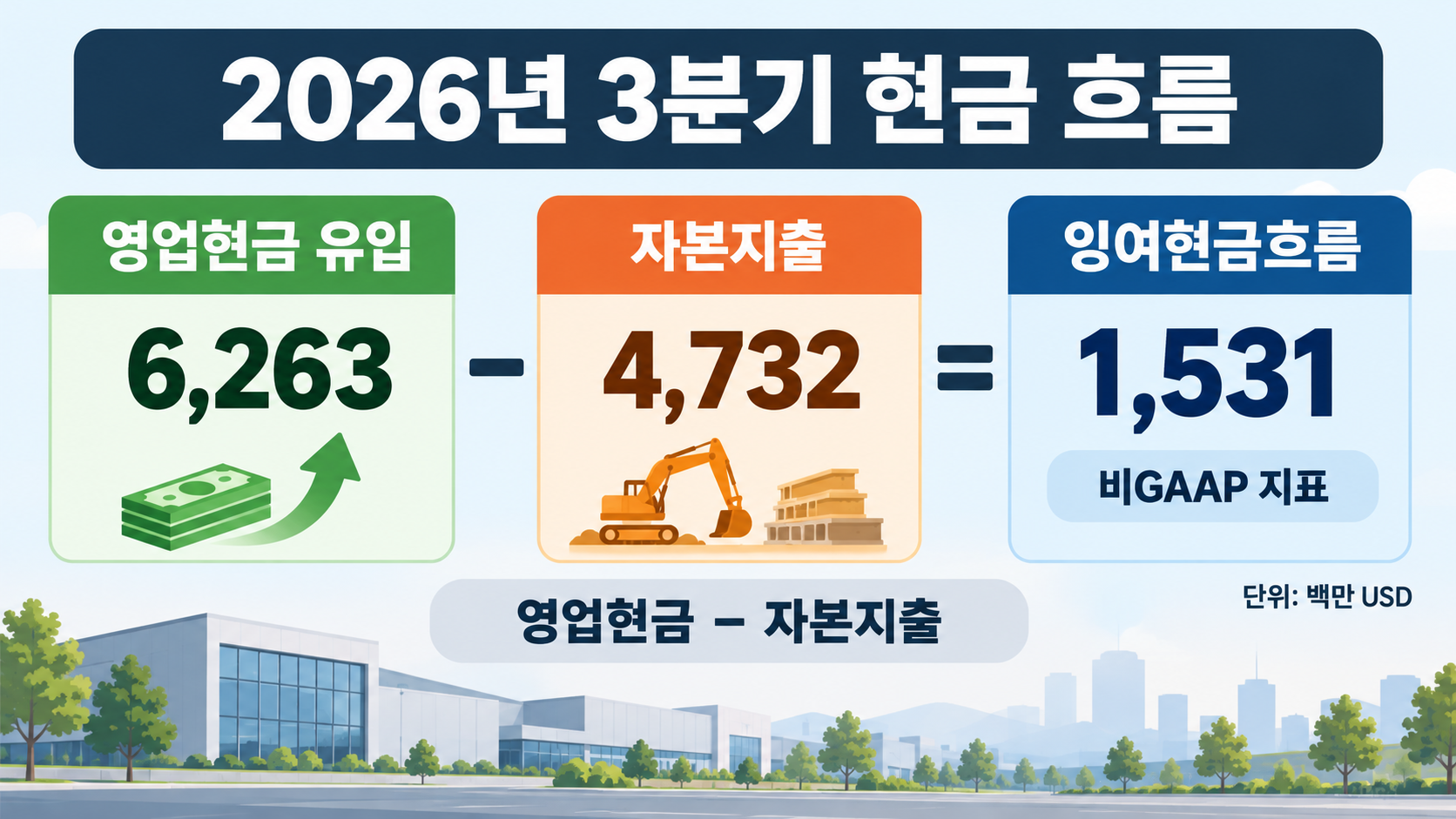 같은 분기 영업현금에서 자본지출을 뺀 잉여현금흐름